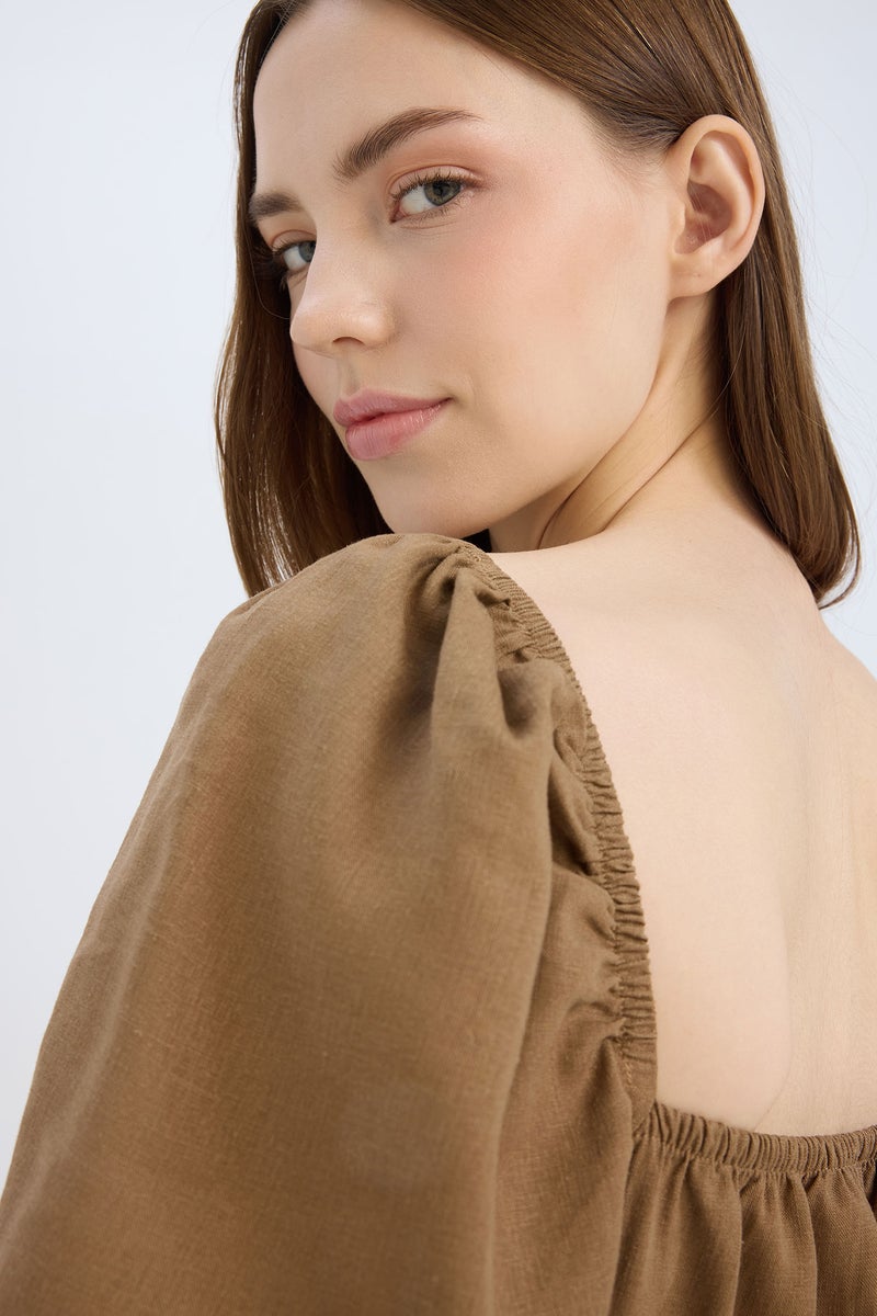 DeFacto Brown Woman Square Collar Linen Blended Mini Dress Casual - Image 4